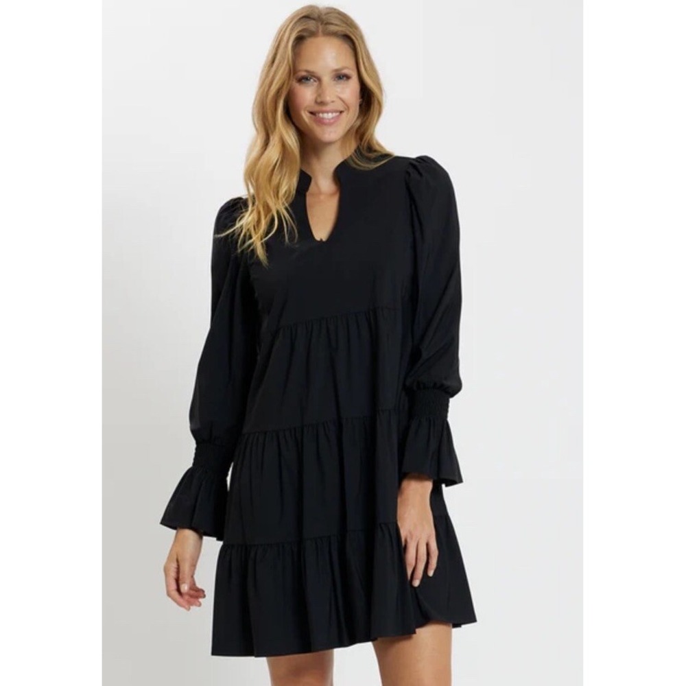 Jude Connally Tammi Mini Dress Womens Black S Tiered Smocked Sleeve 1411490256
